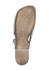 Silberne Sandale mit Holzsohle. Verfügt über ein Logo, einen verstellbaren Knöchelriemen und ein glattes, glänzendes Obermaterial. Größe 38.
