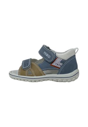Sandali per bambini in blu e beige con cinturini in velcro, tomaia perforata, suola testurizzata e dettagli bianchi. Punta arrotondata e design traspirante.