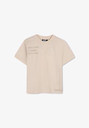 Beige cotton t-shirt with short sleeves, round neckline, and embossed text: "NEW YORK STORIES EST. 1989" on the front. Subtle texture.