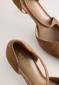 Rudi zomšiniai aukštakulniai bateliai su išpjovų dizainu ir lygiu vidiniu pamušalu. Viduje yra auksinės prekės ženklo detalės.