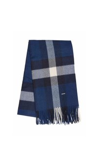 Wełniany szalik w kratę w odcieniach granatowego, jasnoniebieskiego i białego, z frędzlami na końcach i subtelnym detalem logo.