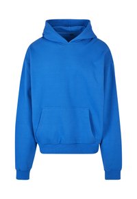 Kék pamut pulóver széles első zsebbel, bordázott mandzsettákkal és állítható zsinóros kapucnival. Sima textúra és kényelmes szabás.