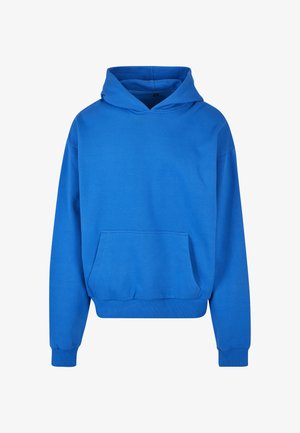 Sudadera con capucha de algodón azul con un amplio bolsillo frontal, puños acanalados y capucha con cordón. Textura suave y ajuste relajado.