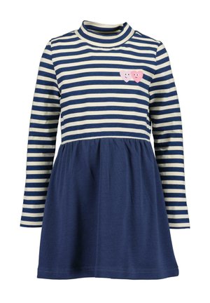 Langærmet kjole med navy- og hvide striber, ensfarvet navy nederdel og to små hjerteapplikationer på brystet, én i lyserød og én i lys lilla.
