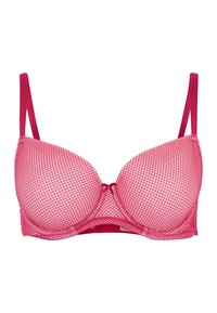 Rode mesh bh met voorgevormde cups, voorzien van een geometrisch patroon en verstelbare bandjes. In het midden bevindt zich een klein decoratief strikje.