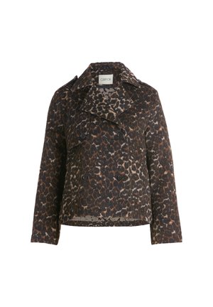 Veste à double boutonnage à imprimé léopard en marron et noir, dotée de grands revers et de deux boutons sur le devant, confectionnée en tissu texturé.