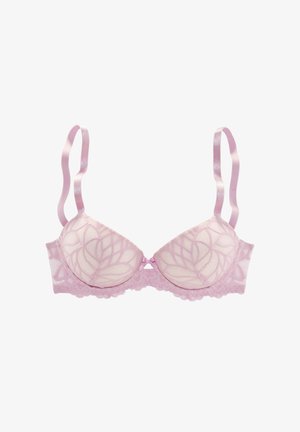Reggiseno in pizzo rosa chiaro con coppe imbottite, motivo floreale intricato, spalline in satin e un piccolo fiocco al centro davanti.