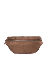 Hnědá nylonová kapsa na opasek s lesklým povrchem, zapínáním na zip a vyraženým logem. Má zaoblený tvar a hladkou texturu.