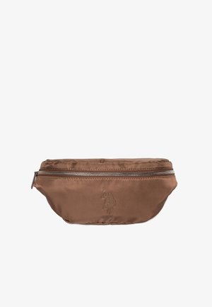 Marsupio in nylon marrone con finitura lucida, chiusura a zip e dettaglio logo in rilievo. Presenta una forma arrotondata e una texture liscia.