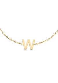 Collana d'oro con un grande e audace pendente a forma di lettera "W" su una delicata catena. Superficie liscia con finitura lucida, design leggero.