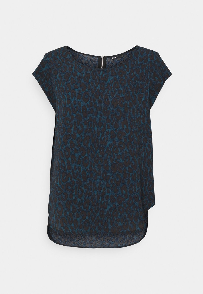 Blouse à manches courtes bleu foncé et noire avec encolure ronde et motif léopard subtil, coupe ample et ourlet légèrement arrondi.