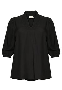 Blusa negra con escote en V y cuello fruncido, mangas de tres cuartos con volumen y textura suave. Corte holgado con dobladillo redondeado y detalles sutiles.