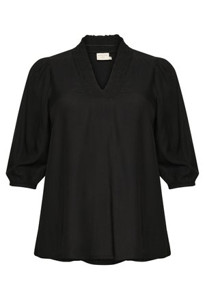 Blusa nera con scollo a V e collare arricciato, maniche a sbuffo a tre quarti e una consistenza morbida. Vestibilità ampia con orlo arrotondato e dettagli delicati.