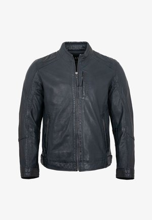 Schwarze Lederjacke mit Frontreißverschluss, Reißverschlusstasche auf der Brust, Stehkragen und abgesteppten Paneelen an Schultern und Ärmeln.