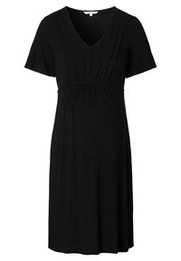 Μαύρο φόρεμα κοντό μανίκι με V λαιμόκοψη, featuring μαζεμένο ύφασμα κάτω από το στήθος και μια ρέουσα σιλουέτα. Φτιαγμένο από ελαφρύ, υφασμένο υλικό.