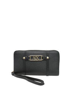 Black textured wristlet wallet with gold-tone A|X logo plaque and zipper closure on a white background.