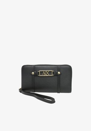 Black textured wristlet wallet with gold-tone A|X logo plaque and zipper closure on a white background.