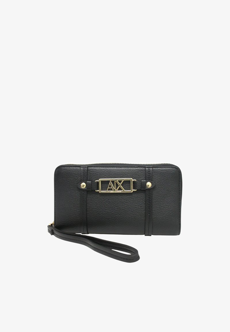 Black textured wristlet wallet with gold-tone A|X logo plaque and zipper closure on a white background.