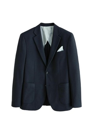 Dark navy blazer with notch lapels, two front pockets, button closure, light blue inner lining, and a white pocket square in the chest pocket.