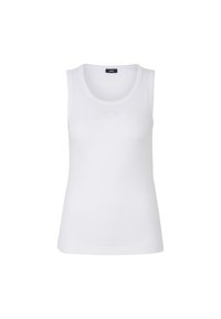 Canottiera bianca senza maniche realizzata in tessuto a costine. Presenta un collo rotondo e un piccolo logo al centro davanti. Tessuto liscio.