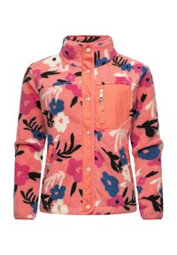 Fleece jacket in pink with floral pattern, blue and white accents. Features a high collar, snap buttons, and a chest pocket in solid orange.