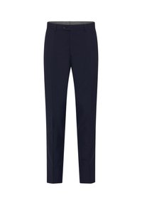 Marineblaue Hose mit schmaler Passform, flachem Bund, einem Knopfverschluss und Gürtelschlaufen, aus einem glatten, gewebten Stoff.