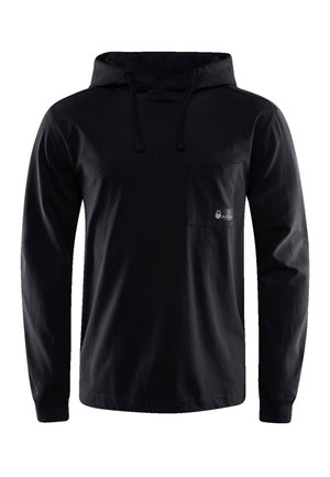 Sort langærmet hoodie lavet af blødt stof, med en kængurulomme, snoretræk i hætten, og et lille logo på brystlommen.