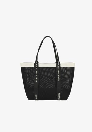 Bolsa tote de malla negra con ribete blanco y dos asas para el hombro impresas con "JOOP! JEANS" en letras blancas.