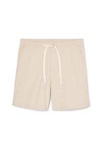 Pantaloni corti in lino beige con vita regolabile, dotati di due tasche laterali e un tessuto leggero e testurizzato.