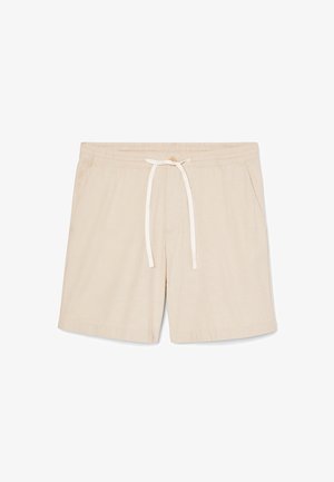 Beige linnedshorts med snor i taljen, der har to sidelommer og et let, tekstureret stof.