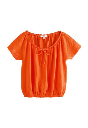 Blouse orange vif à manches courtes, en tissu texturé, avec ourlet élastiqué, encolure froncée et détail noué à l'avant.