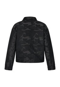 Sort camouflagesjakke lavet af glat stof, med klassisk krave, lange ærmer og lige snit, samt manchetter med knaplukning.