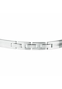 Bracciale in metallo argento con anelli intrecciati, caratterizzato da una finitura liscia e da una delicata incisione su un anello centrale. Design resistente e elegante.