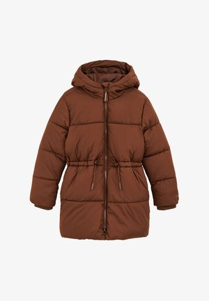 Smešak smeđi puffer jakna s kapuljačom, s prednjim zatvaračem, elastičnom vezicom u struku i rebrastim manžetama. Kvadratna tekstura poboljšava izolaciju.