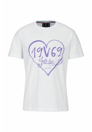 Biała koszulka z krótkim rękawem z fioletowym konturem serca i tekstem "19V69 Italia Made" na przodzie.