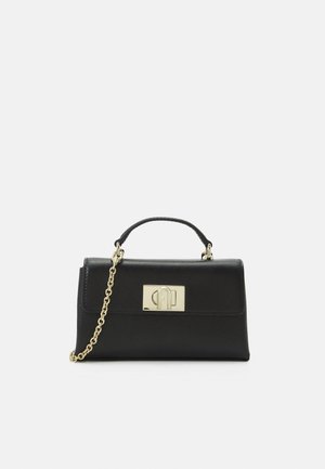 Black leather handbag with a structured rectangular shape, gold hardware, chain strap, and a front flap featuring a clasp closure.