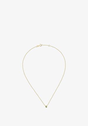 Gold chain necklace featuring a delicate design and a single gemstone accent at the center. The chain has a subtle textured finish.