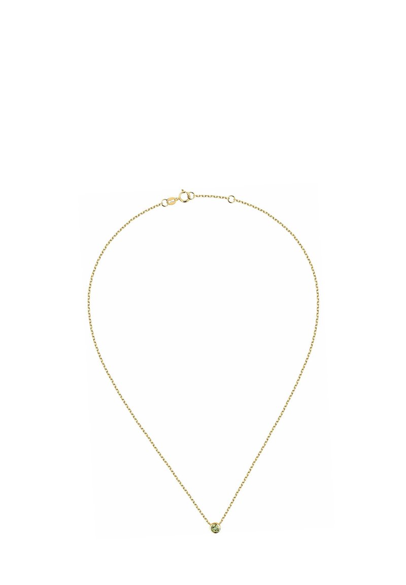 Goldene Halskette mit zartem Design und einem einzelnen Edelsteinakzent in der Mitte. Die Kette hat ein dezentes, strukturiertes Finish.