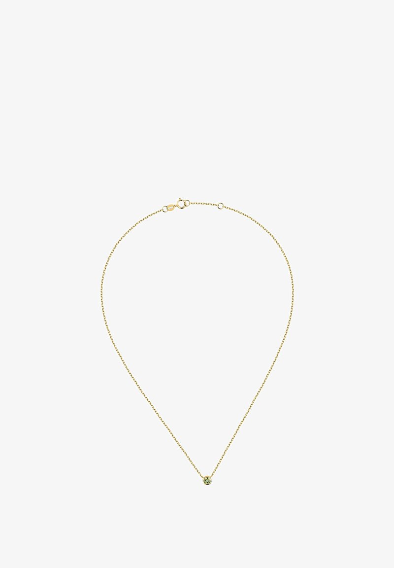 Goldene Halskette mit zartem Design und einem einzelnen Edelsteinakzent in der Mitte. Die Kette hat ein dezentes, strukturiertes Finish.