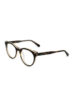 Montatura rotonda per occhiali tartarugata con aste sottili, con il marchio "Calvin Klein Jeans" sulle stanghette.