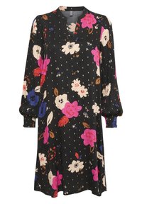 Blommig klänning med svart bakgrund, prydd med stora rosa, vita och blå blommor, prickar, långa puffärmar och en avslappnad passform.