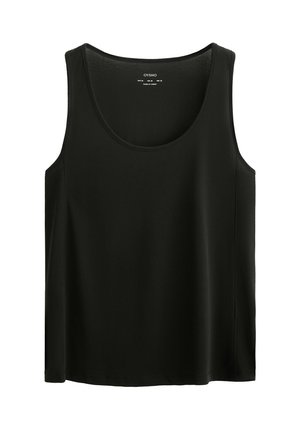 Débardeur noir en tissu lisse, doté d'une encolure ronde et de grandes emmanchures. Le design est simple, sans motifs ni accents supplémentaires.
