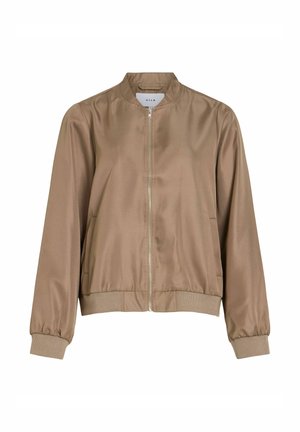 Beežist bomberjakk esilukuga, soonikuliste mansettide ja äärega ning väikese seisva kraega, valmistatud siledast kangast.