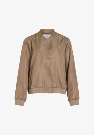 Beežist bomberjakk esilukuga, soonikuliste mansettide ja äärega ning väikese seisva kraega, valmistatud siledast kangast.