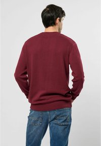 Mann, der von hinten zu sehen ist, trägt einen maronenfarbenen Langarmpullover und blaue Jeans vor einem einfarbigen hellgrauen Hintergrund.