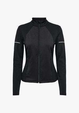 Musta urheilutakki, jossa korkea kaulus, täysipitkä vetoketjusuljenta ja heijastavat yksityiskohdat hartioilla. Sileä pinta ja istuva malli.