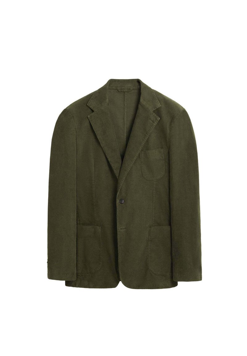 Blazer de pana verde oliva con solapa con muesca, cierre de un solo botón y dos bolsillos delanteros tipo parche. Textura suave, forma ajustada.