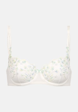 White embroidered bra featuring delicate blue and green floral patterns, sheer mesh cups, and thin adjustable straps. Soft texture.