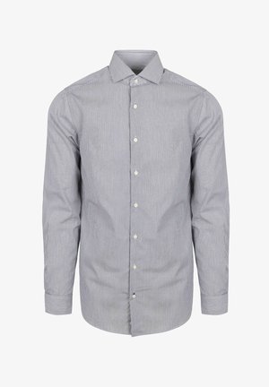 Lange mouwen knoopshirt in lichtgrijs met donkere verticale strepen. Heeft een klassieke kraag en witte knopen aan de voorkant.