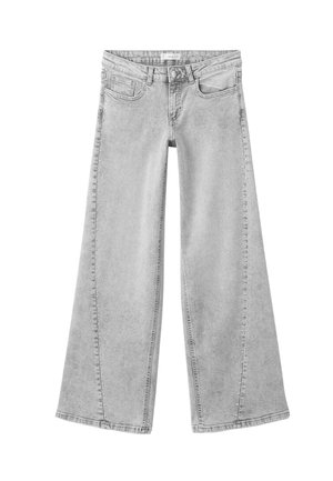 Grijze denim jeans met brede pijpen en een vervaagde textuur, met een klassieke vijf-pocketontwerp en een stevige tailleband. Accenten in zilverkleurig metaal.